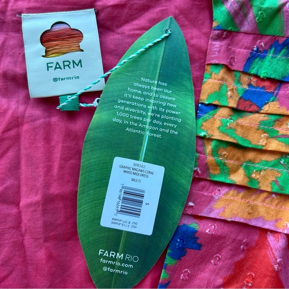 NWT - FARM Rio Coral Mixed Graphic Macaws Puff Sleeve Midi Dress / Size S - Picture 15 of 15